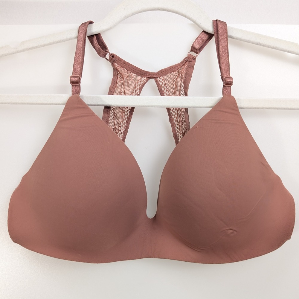 Victorias Secret Wireless Plunge Bra Sz 34C Brown Lace Racerback Comfort Boho